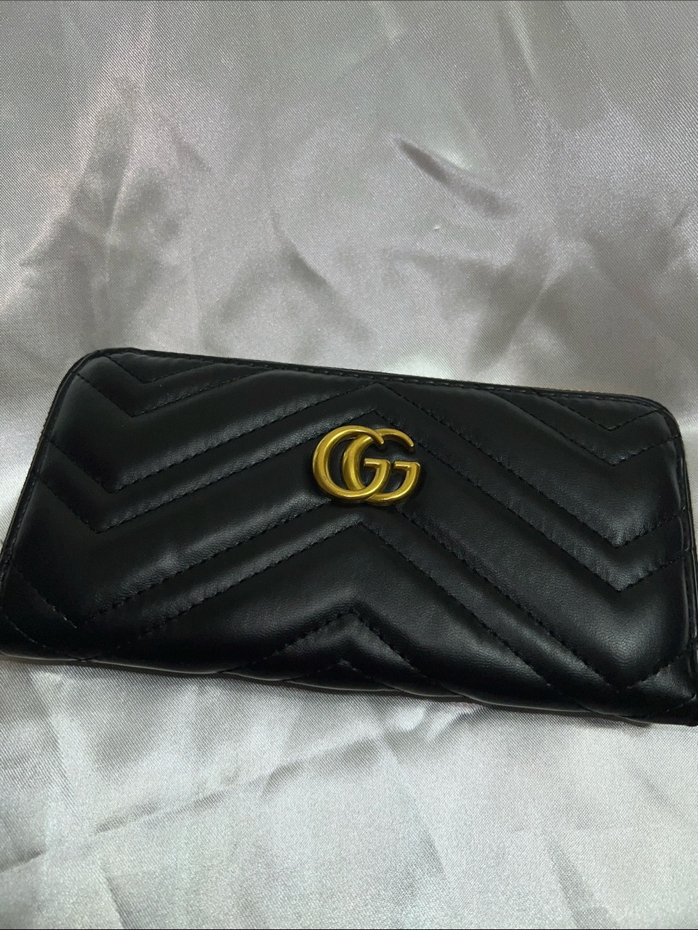 G- Black Chevron Quilted Leather Wallet with Gold Double G